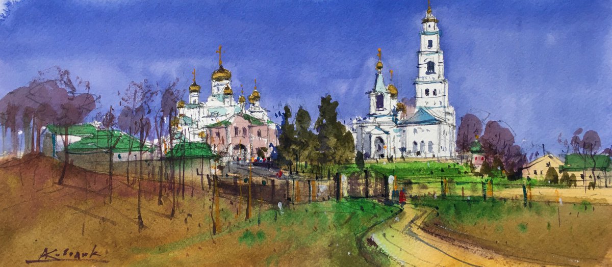 Impressionistic Cityscapes Watercolour By Andrii Kovalyk, 15 X 7, Pochaevsky Skete, Original Artwork