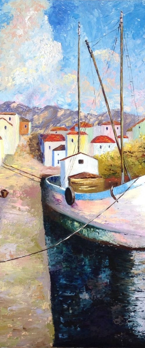 A felucca on a Mediterranean pier by Liubov Samoilova