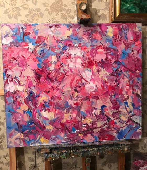 SAKURA BLOSSOM - abstract floral original oil on canvas painting, blue rose cherry-tree, Japan