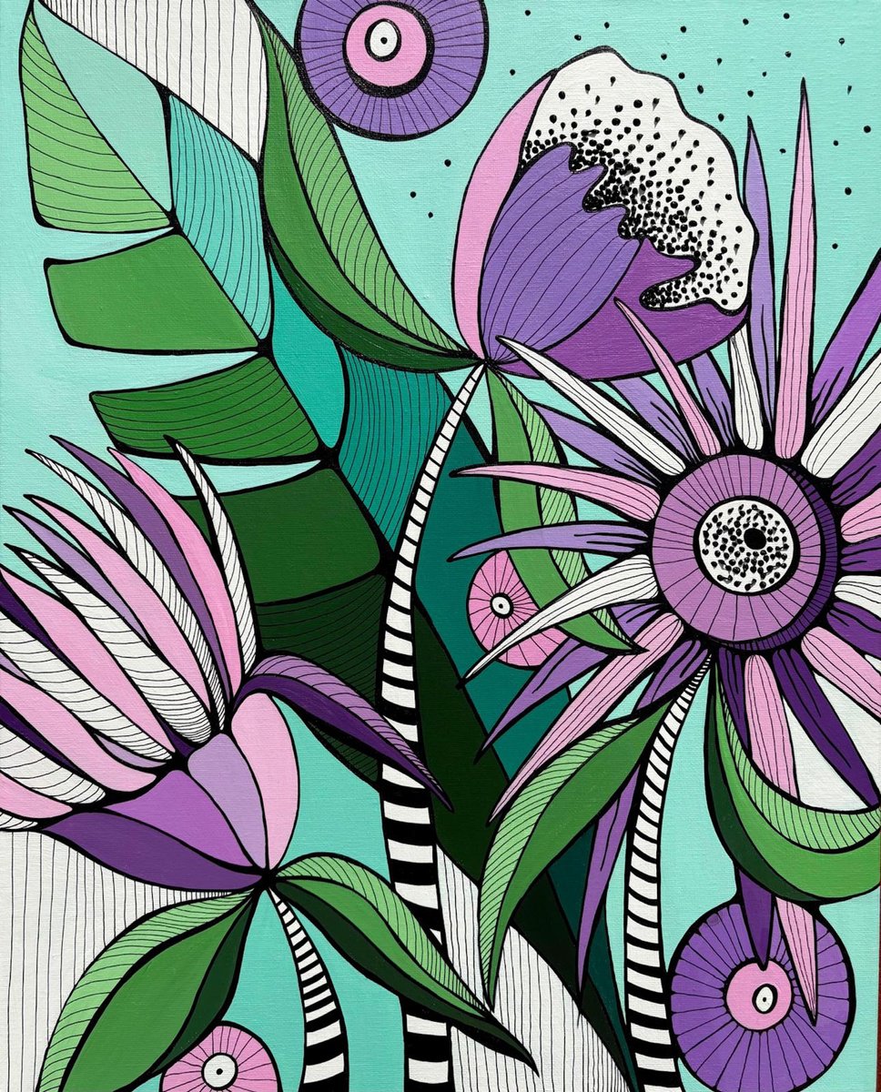 Illustrative Botanical Acrylic Painting By Maria Tuzhilkina, 16 X 20", Lilac Abstract Flowers, Original Artwork