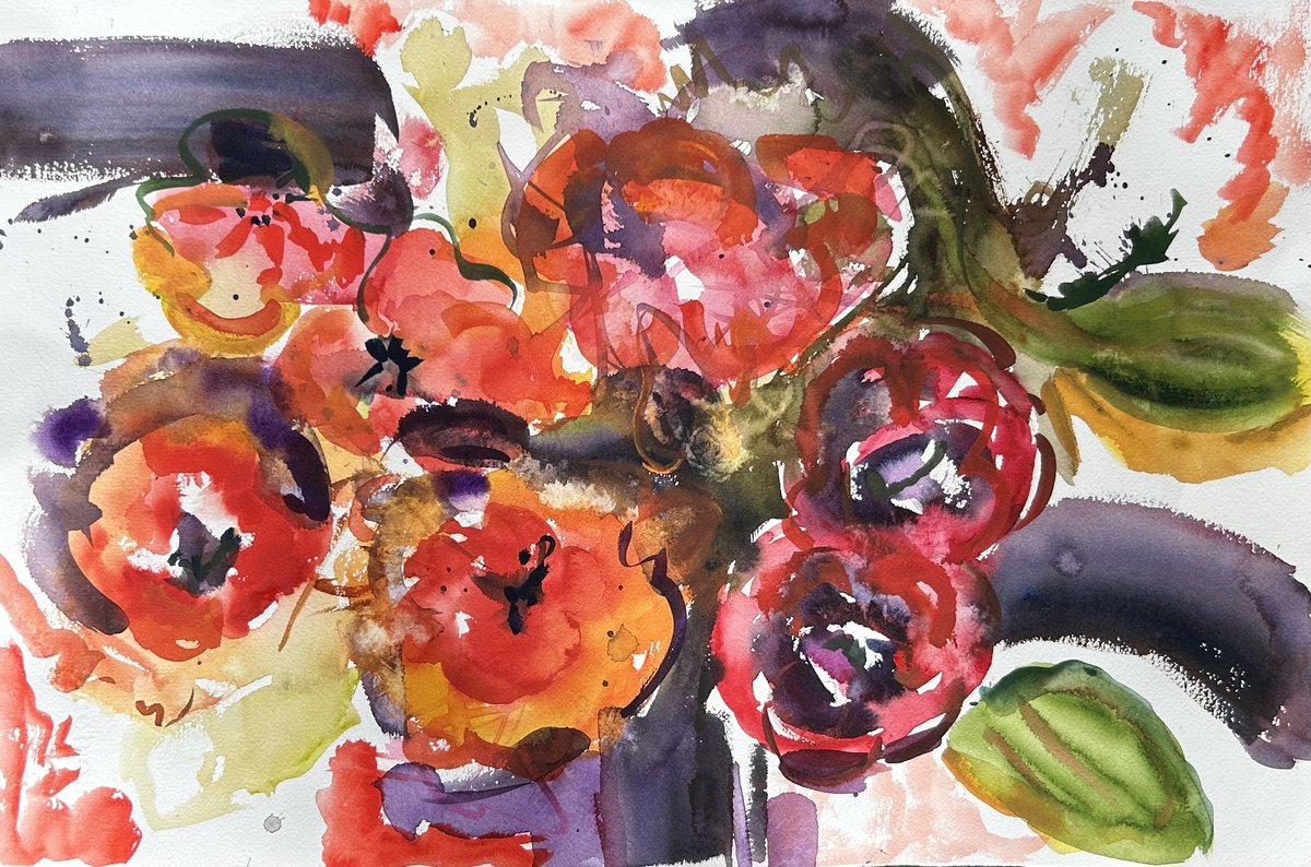 Abstract Botanical Watercolour By Annette Wolters, 22 X 15, Tossed Salad, Original Artwork