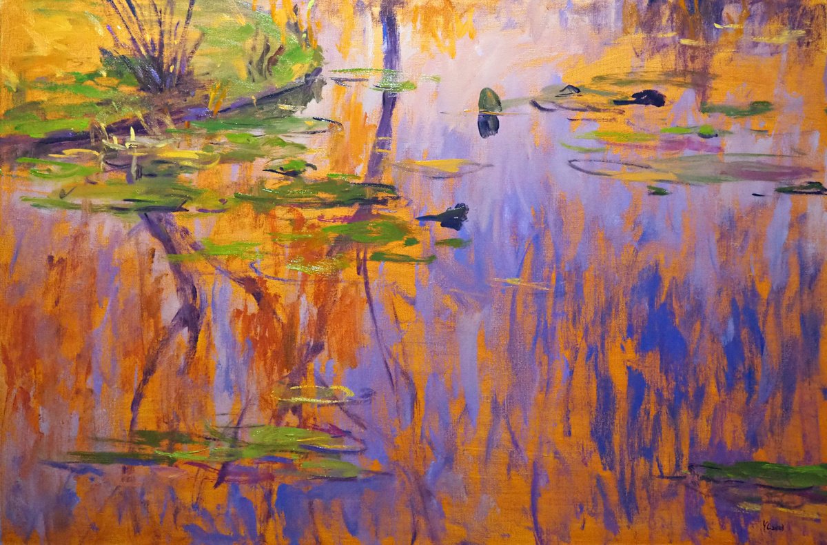 Impressionistic Landscape Oil Painting By Yuanyuan Liu, 35 X 24", Lotus Leaves, Original Artwork