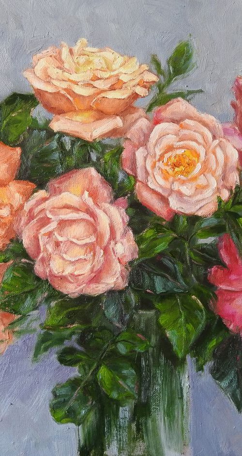Bouquet of Roses in Vase Original Oil Painting by Olga Tretyak