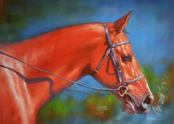 Oil painting animal artwork-Red horse