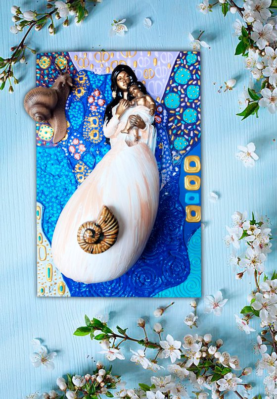 Mother and baby. Fairytale snail woman in sea shell