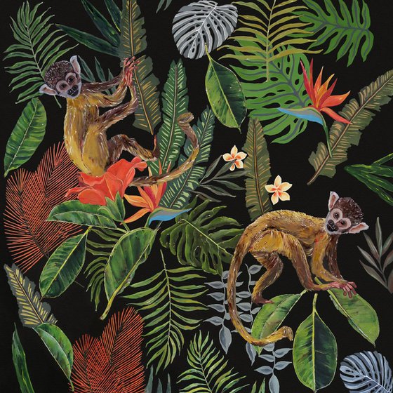 Jungle - Tropical - Monkeys - Art-Deco - Organic Floral, XL LARGE PAINTING