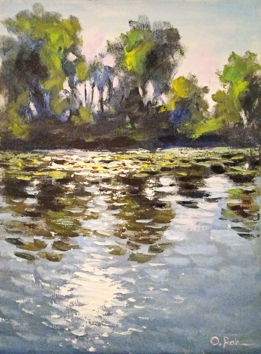 Impressionistic Landscape Oil Painting By Oleh Rak, 12 X 16", Sun In The River, Original Artwork