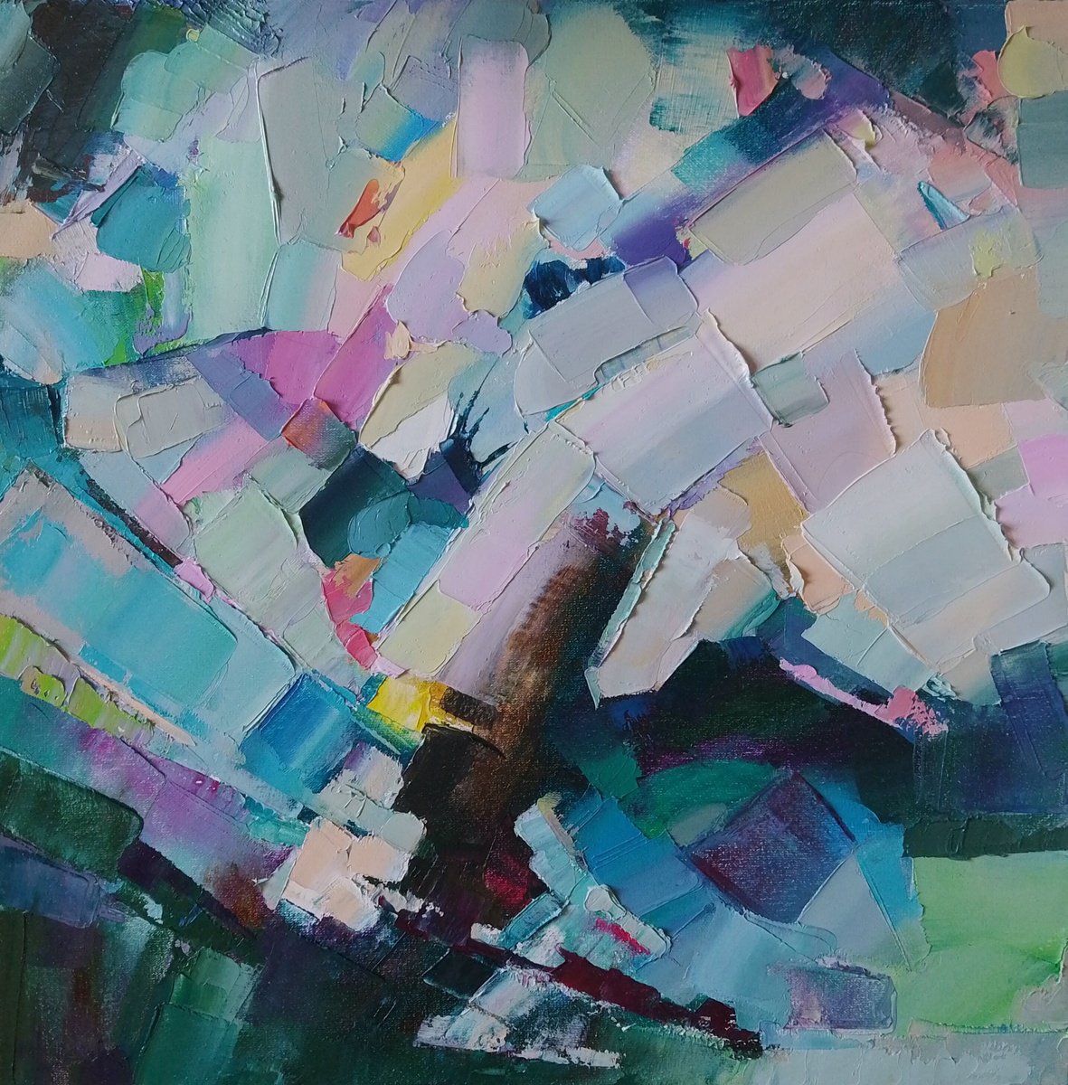 Abstract Landscape Oil Painting By Valentyna Sokolovska, 16 X 16", Green Light, Original Artwork