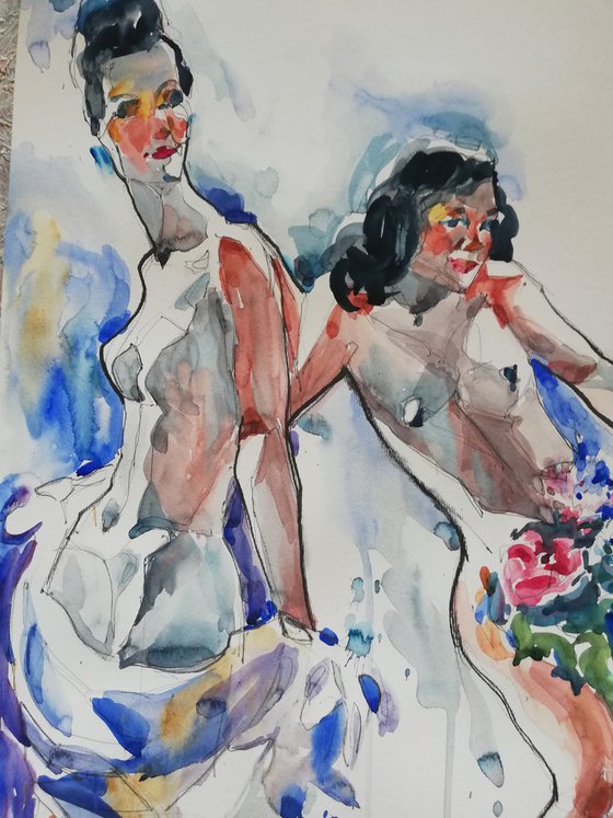 Two Nudes with Bouquet