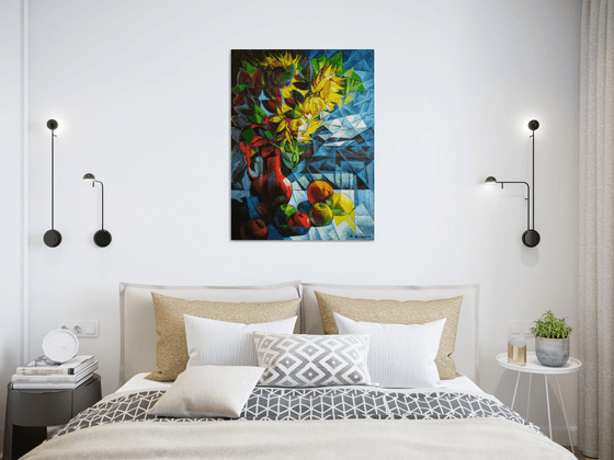Still life with sunflowers (60x80cm, cubism, oil painting, ready to hang)