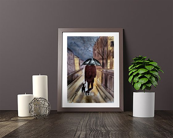 NYC Painting Cityscape Original Art Man Walking Dog Small Watercolor Artwork New York Wall Art 8 by 12" by Halyna Kirichenko