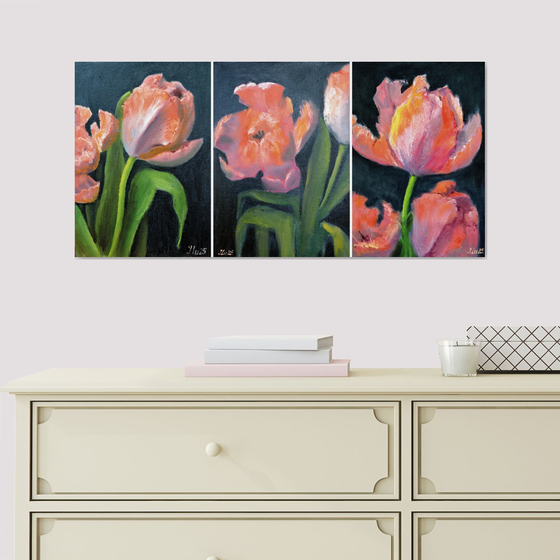 Coral Tulips Triptych