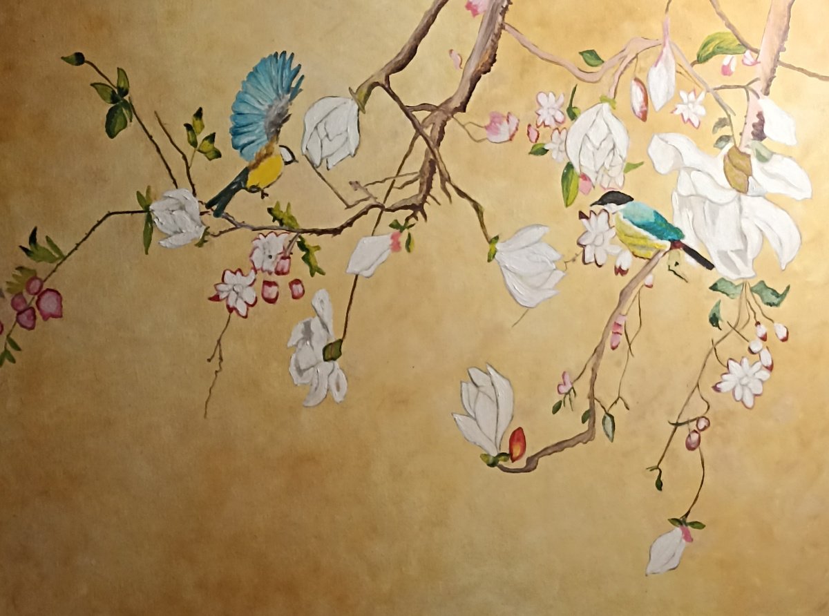 Impressionistic Animal Oil Painting By Isabelle Lucas, 31 X 24, Birds On A Branch, Original Artwork