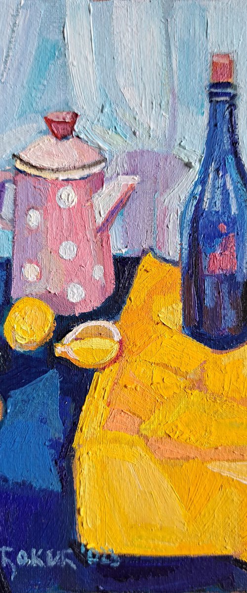 Still life with yellow drapery,  miniature,  2023 by Maja Đokić Mihajlović