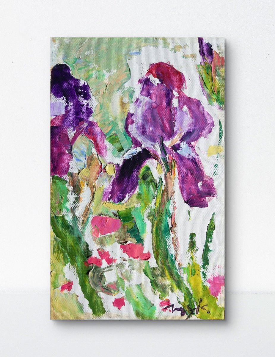 Impressionistic Botanical Oil Painting By Helen Shukina, 7 X 11, Iris Is Blooming, Original Artwork