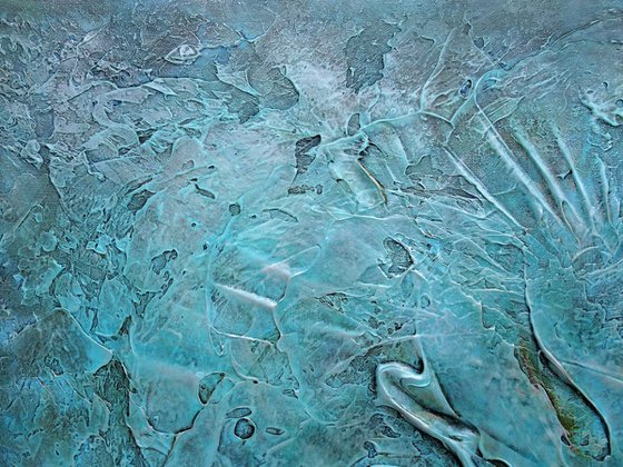 FOSSILS AND SEA SHELLS. Large Abstract Blue Teal Silver Gray Textured Painting 3D