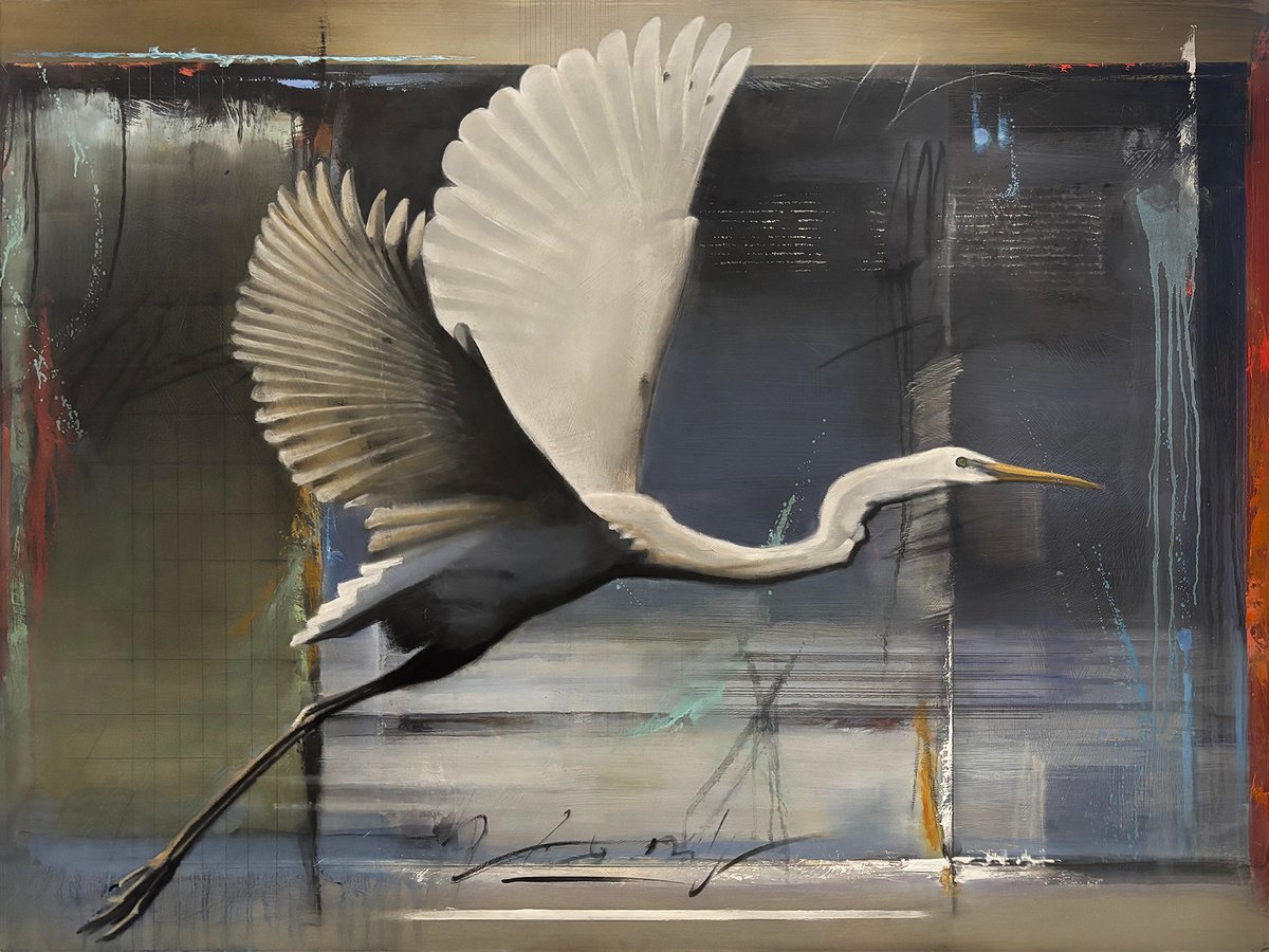 Expressive Animal Oil Painting By Bruce Dean, 48 X 36, Egret / Blue Rig, Original Artwork