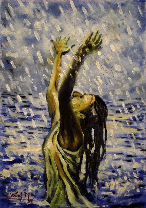 RAINY LAKE GIRL - Thick oil painting - 29.5x42 cm
