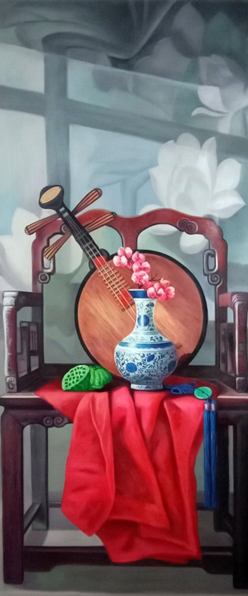 Still life：Chinese China with Chinese lute on the chair by Kunlong Wang