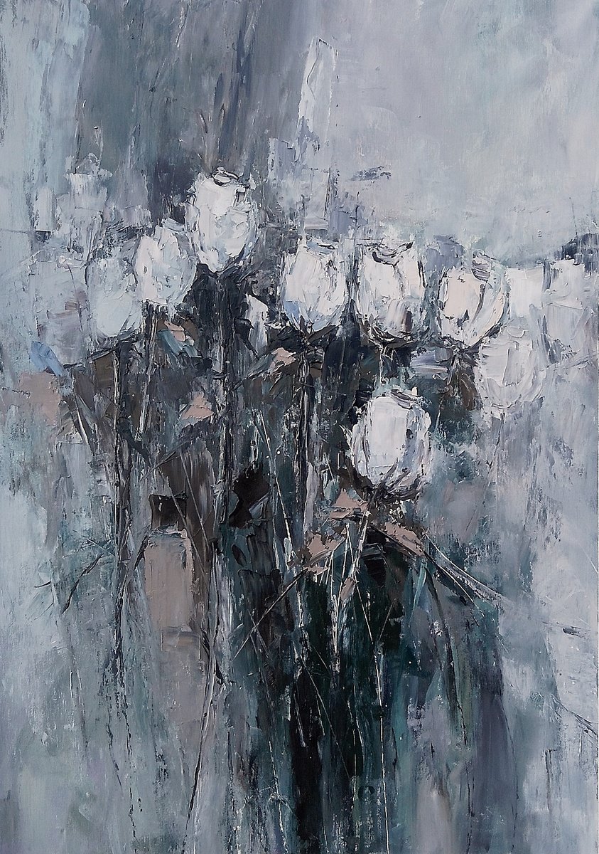 BELIEVING, 60x85cm, white roses expressive modern original by Emilia Milcheva