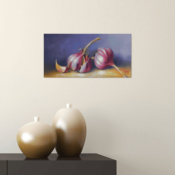 "Garlic" original oil painting, small painting kitchen dekor art