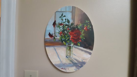 Wild roses by the window (9x12" oval canvas)