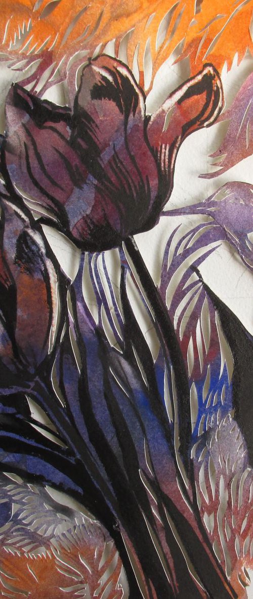 black tulips with humming bird, watercolor with paper cut by Alfred  Ng