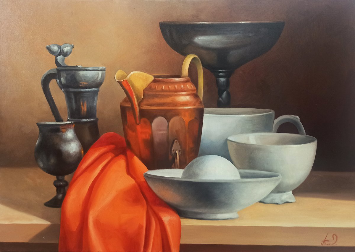 Photorealistic Still Life Oil Painting By Tamar Nazaryan, 24 X 16", Still Life-Kitchen-2, Original Artwork