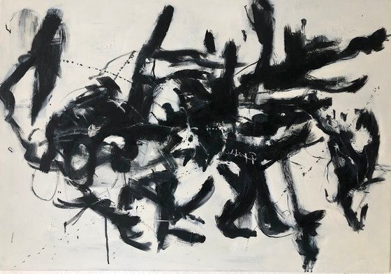 Woman flying with a black bird.Black and white abstract painting.