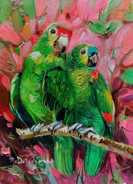 Parrot painting original oil art in frame 7x5, Green bird on branch oil painting, Art gift Always together