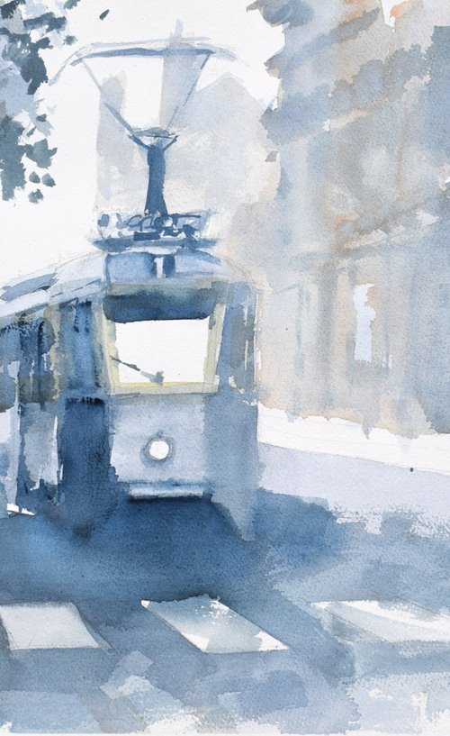 Blue tram... by Goran Žigolić Watercolors