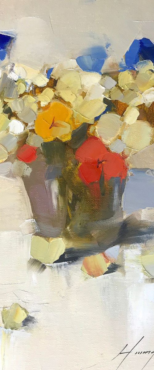 Vase of Pansies, Oil painting by Palette Knife, One of a kind, Handmade artwork by Vahe Yeremyan