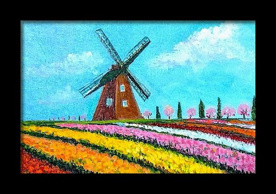 Miniature Dutch Windmill and Tulips Landscape