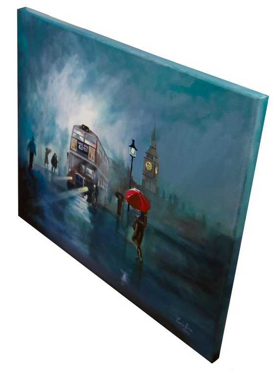 London painting rain red umbrella