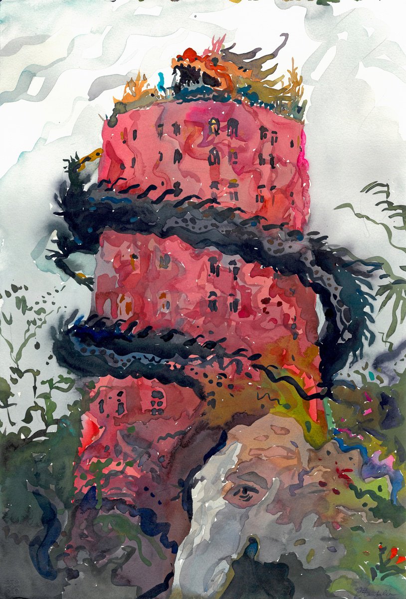 Impressionistic Cityscapes Watercolour By Tanbelia, 15 X 22", Wat Sam Phran, Original Artwork