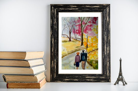 Couple Painting Central Park NYC Original Art Walk in Spring Park Watercolor Stroll Small Home Wall Art 8 by 12" by Halyna Kirichenko