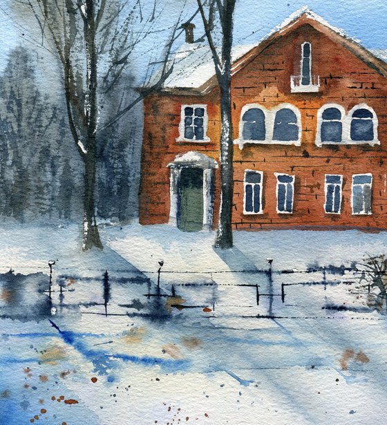 An old house in the town of Vidnoe near Moscow. Original watercolor artwork.