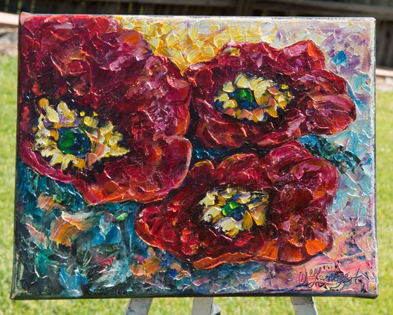 Three Red Poppies -  2 original oil painting 11" X 14" X 0.5"
