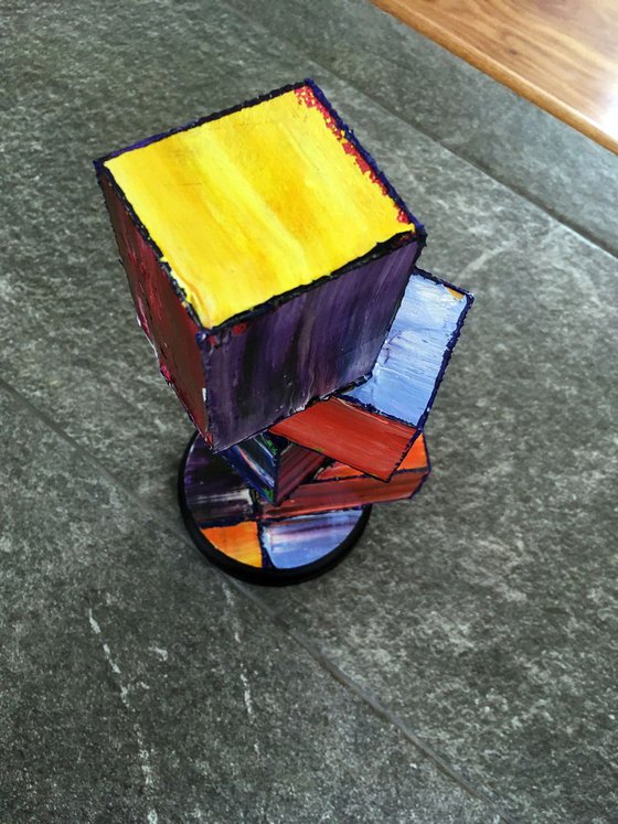 "Blocked Up" - Original PMS Painted Geometrical Wooden Sculpture - 4 x 11 x 4 inches