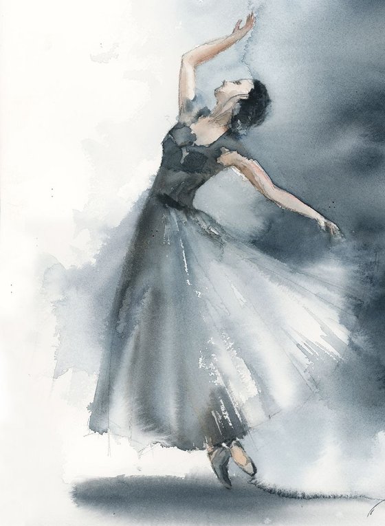 Ballerina in blue grey Original Watercolor Painting