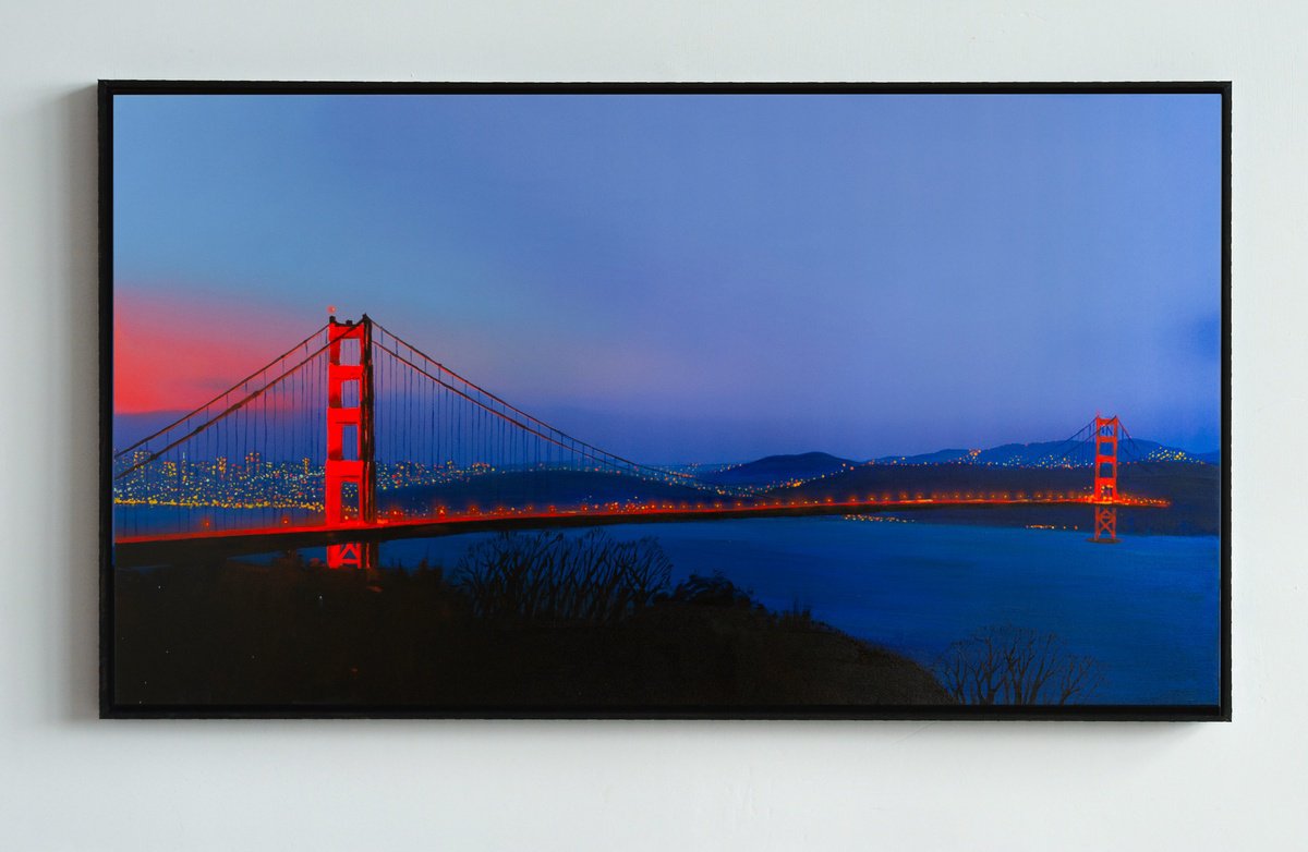 Impressionistic Landscape Acrylic Painting By Bohdan Katolyk, 40 X 22, Golden Gate At Dusk, Original Artwork