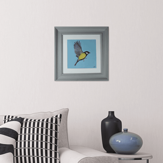 Yellow Tit Flying, Bird Artwork, Animal Art Framed