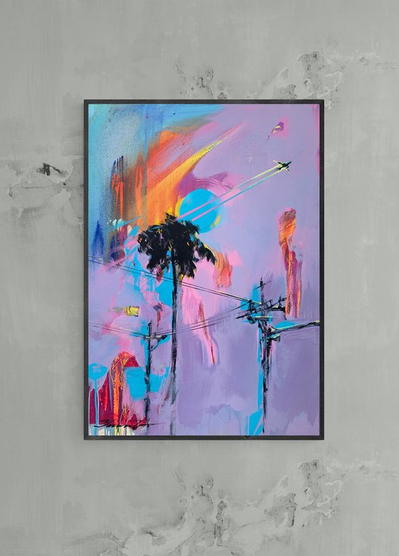 Pink artwork - "Flight to Los Angeles" - Pop Art - Violet painting - Palm - Street Art - Expressionism - Sunset