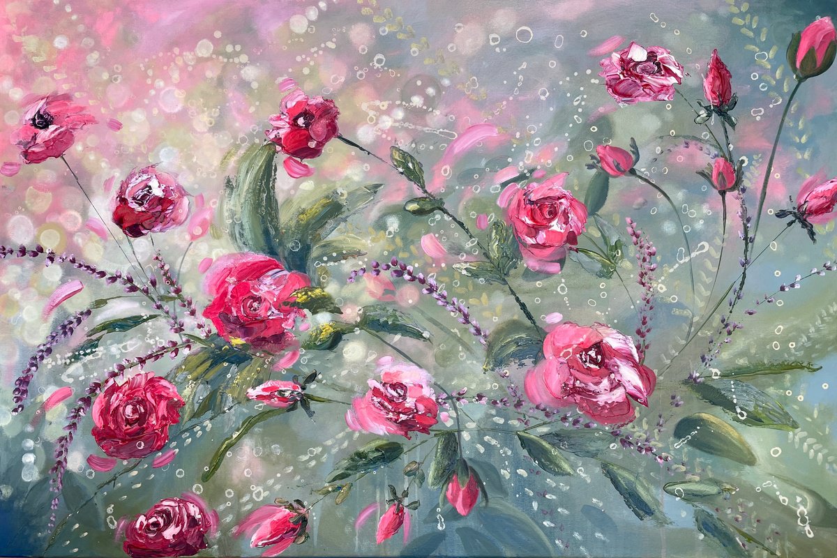 Expressive Botanical Acrylic Painting By Emma Sian Pritchard, 36 X 24, Pink Haze, Original Artwork