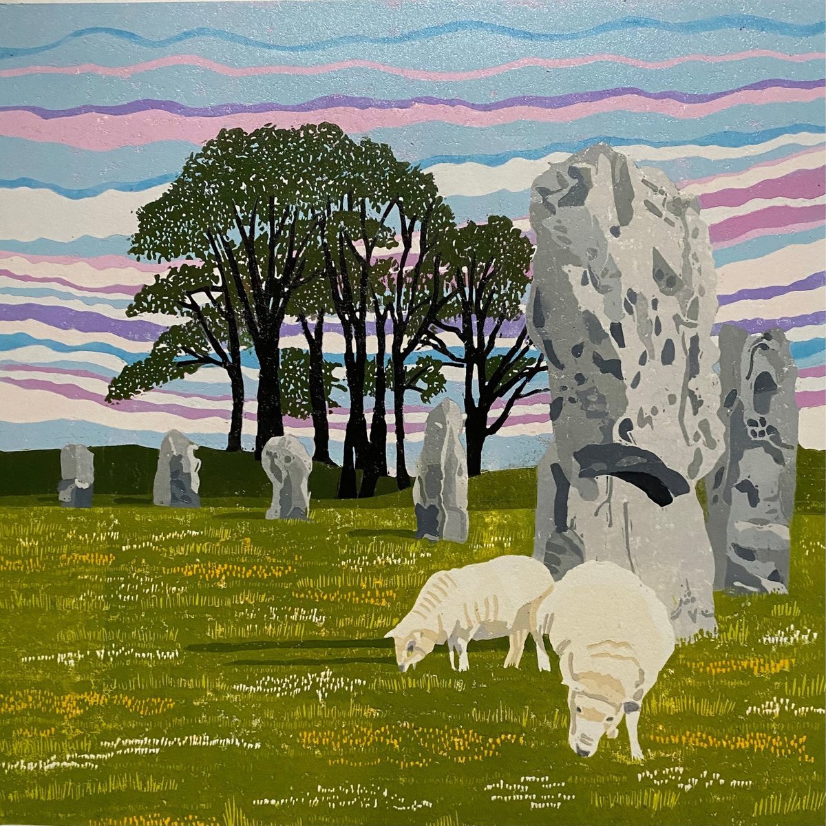 Impressionistic Landscape Linocut By Joanne Spencer, 12 X 12, Ancient Avebury, Original Artwork