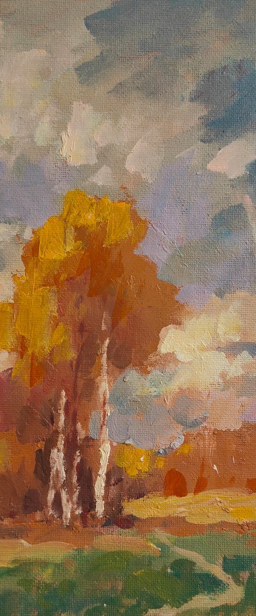 Original Oil Painting Wall Art Signed unframed Hand Made Jixiang Dong Canvas 25cm × 20cm Landscape Clouds over South Park Oxford Small Impressionism Impasto by Jixiang Dong