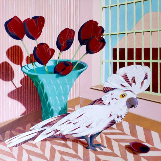 Cockatoo and tulips