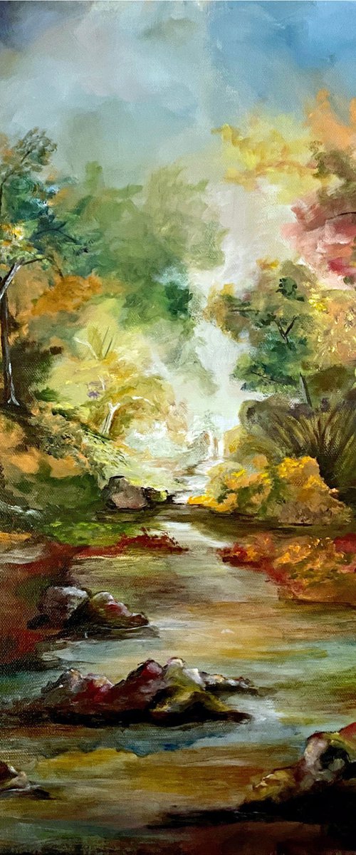 Heaven in Earth, an unique colorful original oil landscape on a 16x20 wrapped canvas in an exquisite frame by Mary Gullette