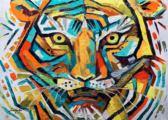 Animal Tiger Painting, Big Cat, ORIGINAL OIl Painting Modern Textured Palette Knife