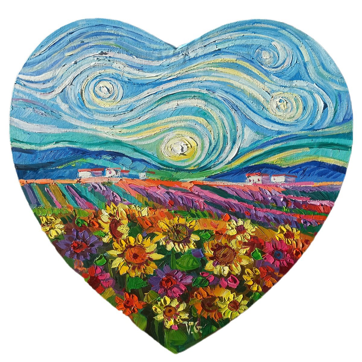 Impressionistic Landscape Oil Painting By Vanya Georgieva, 16 X 16", Summer Fields Under Gogh Sky, Original Artwork